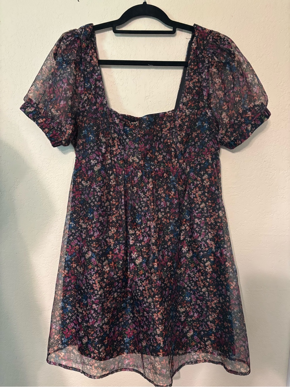 Wild Fable Sheer Floral Square Neck Mini Dress in Black with Floral Accents